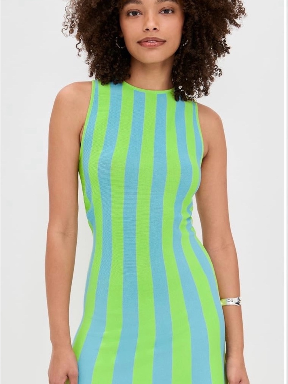 SOLID & STRIPED Neon Green and Sky Blue Striped Knit Tank Dress